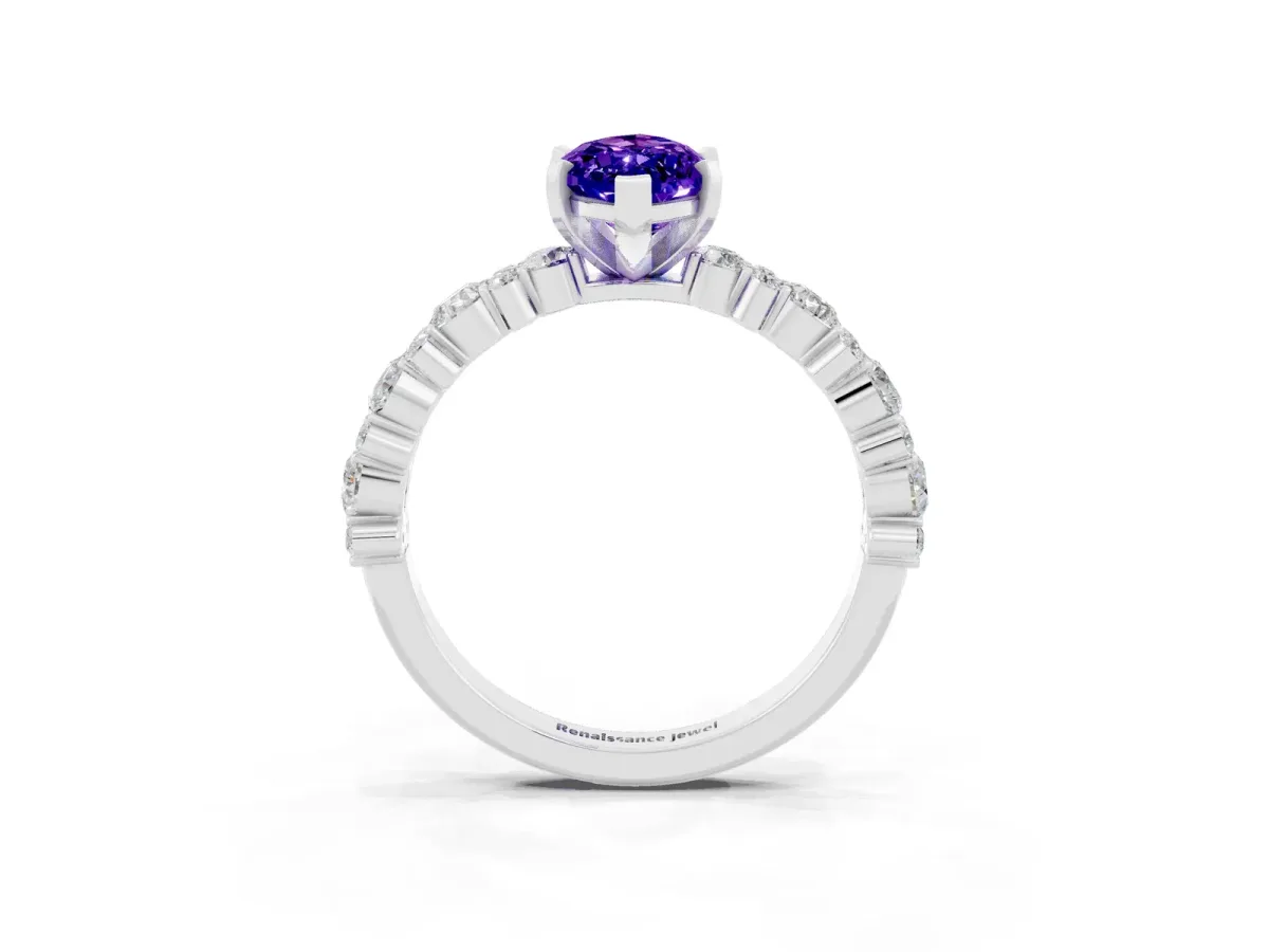 Marquise Cut Tanzanite Side Stone Solitaire Ring with Round and Four-Prong Setting Platinum