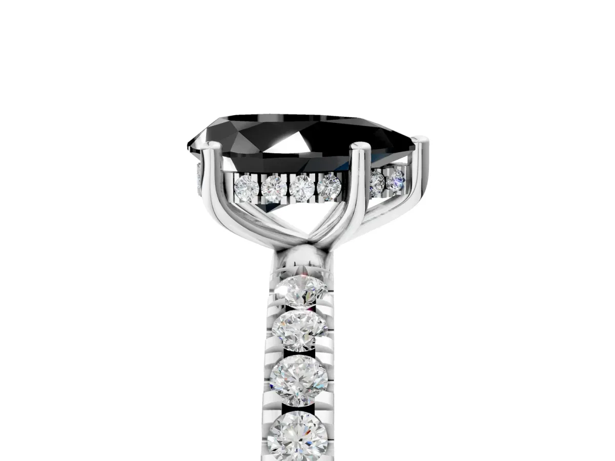 Fancy Black Pear Cut Diamond Pave Band Solitaire Ring with Round and Prong Setting Silver