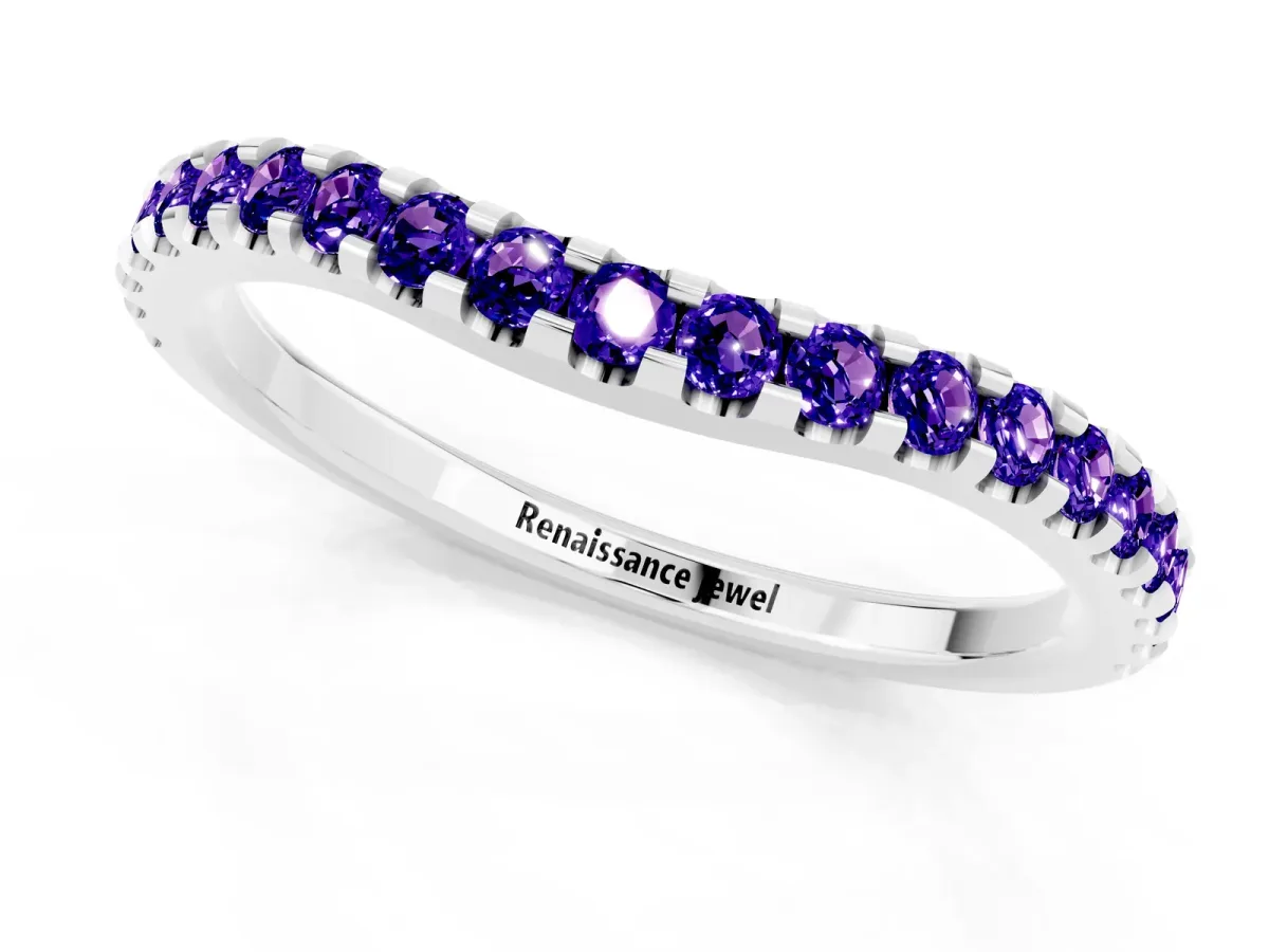 Round Tanzanite Pavé Curved Wedding Band Silver