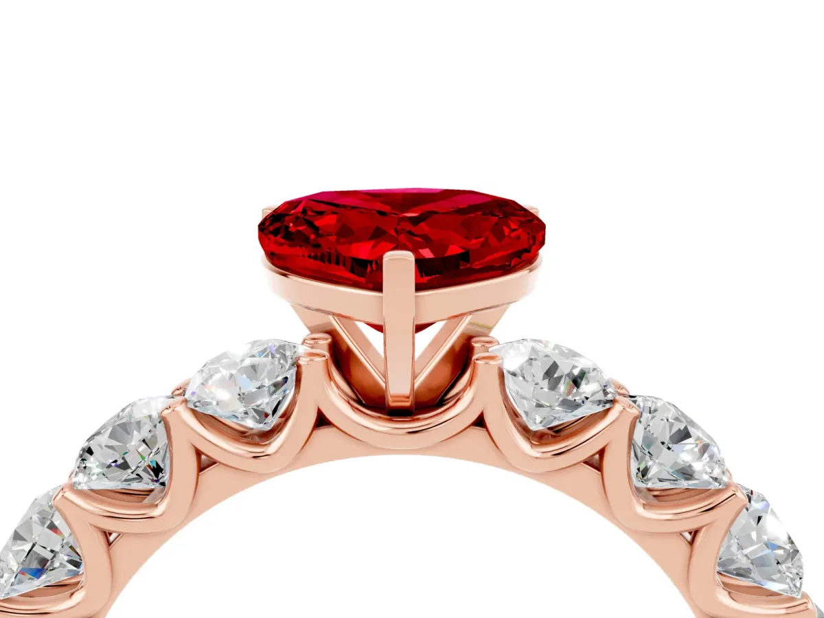 Heart Cut Ruby Prong Setting with Side Stones on a Pave Band Rose gold