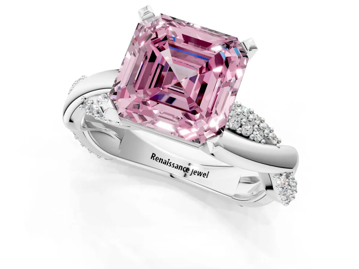 Fancy Pink Asscher Cut Solitaire Twist Band with Pave Prong Setting Platinum