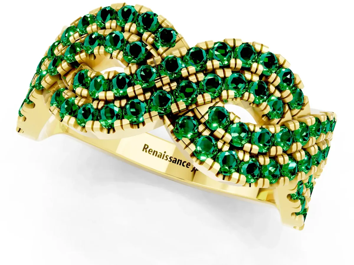 Pavé Round Emerald Infinity Twist Band with Shared Prong Setting Yellow gold