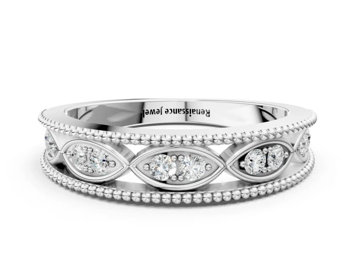 Round Diamond Marquise Milgrain Two-Tone Prong Set Band Platinum
