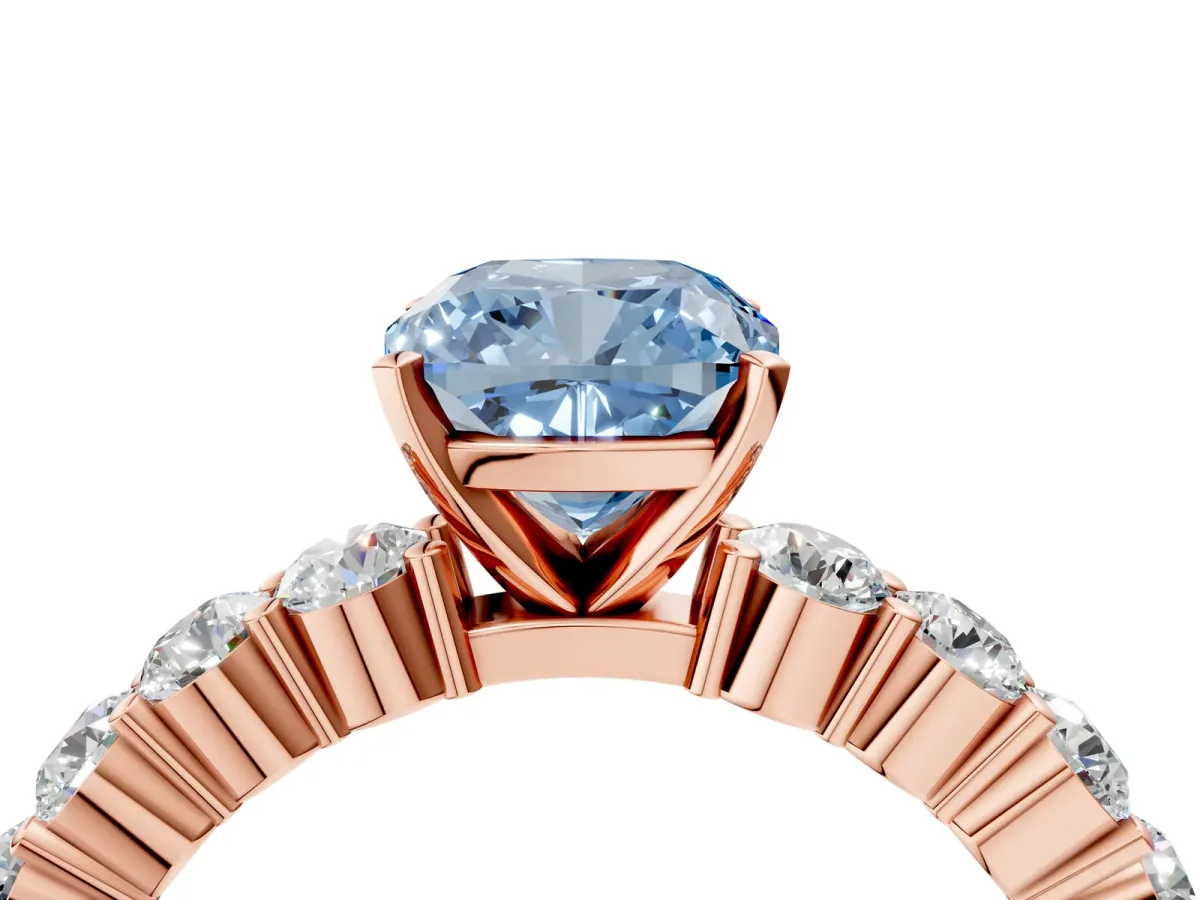 Fancy Blue Cushion Cut Diamond Solitaire Ring with Shared Prong Round Side Stones Rose gold