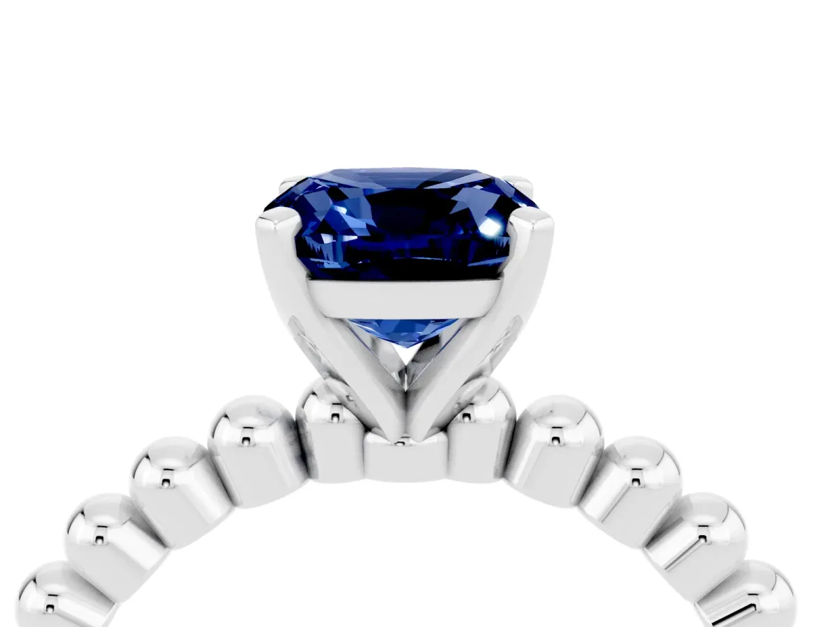 Cushion Cut Blue Sapphire Solitaire Ring with Beaded Band and Prong Setting Silver