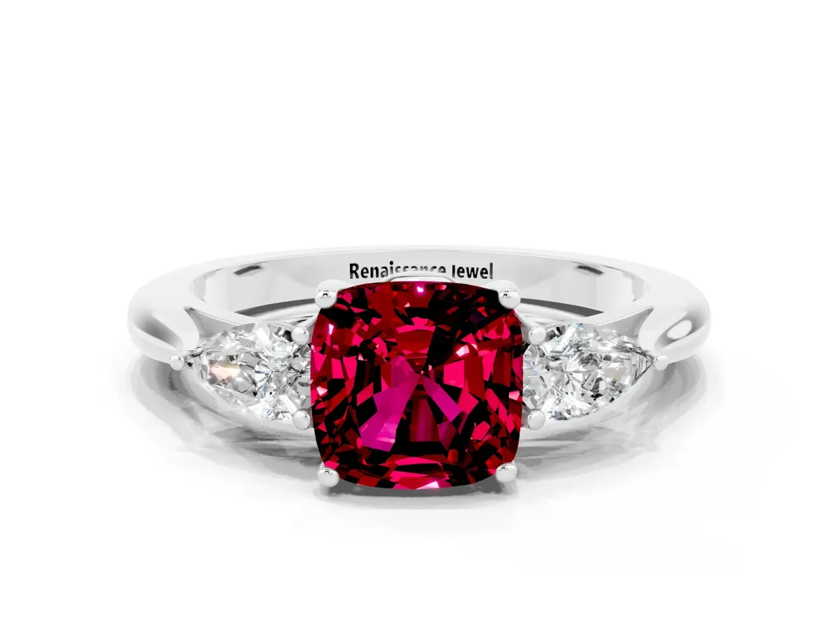 Three-Stone Cushion Cut Garnet Ring with Pear Side Stones in Four-Prong Setting White gold