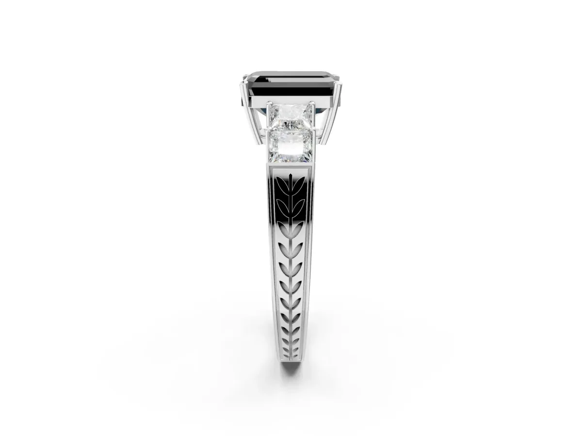 Fancy Black Emerald Cut Solitaire Princess Side Stone Engraved Band Prong Setting Ring Silver