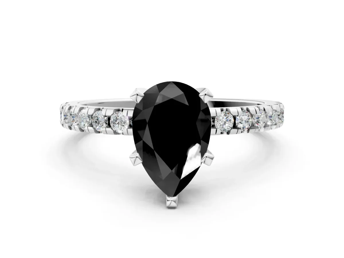 Fancy Black Pear Cut Diamond Solitaire Ring with Round Pavé Band and Four-Prong Setting Silver