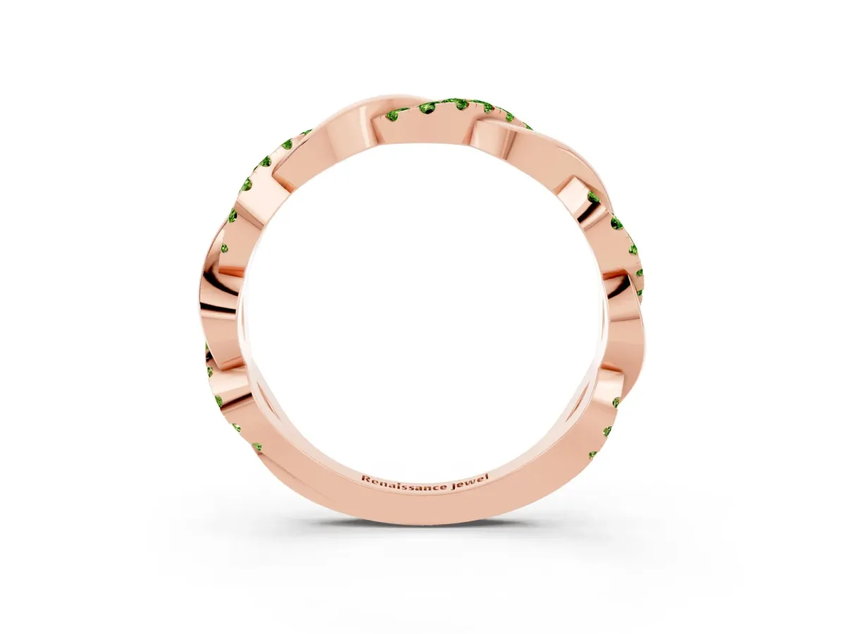 Pavé Round Peridot Twist Eternity Band with Shared Prong Setting Rose gold