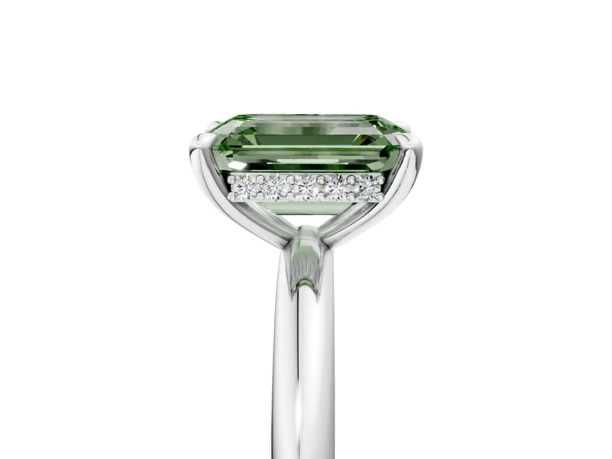 Fancy Green Emerald Cut Diamond Solitaire Ring with Thin Band and Four-Prong Setting White gold