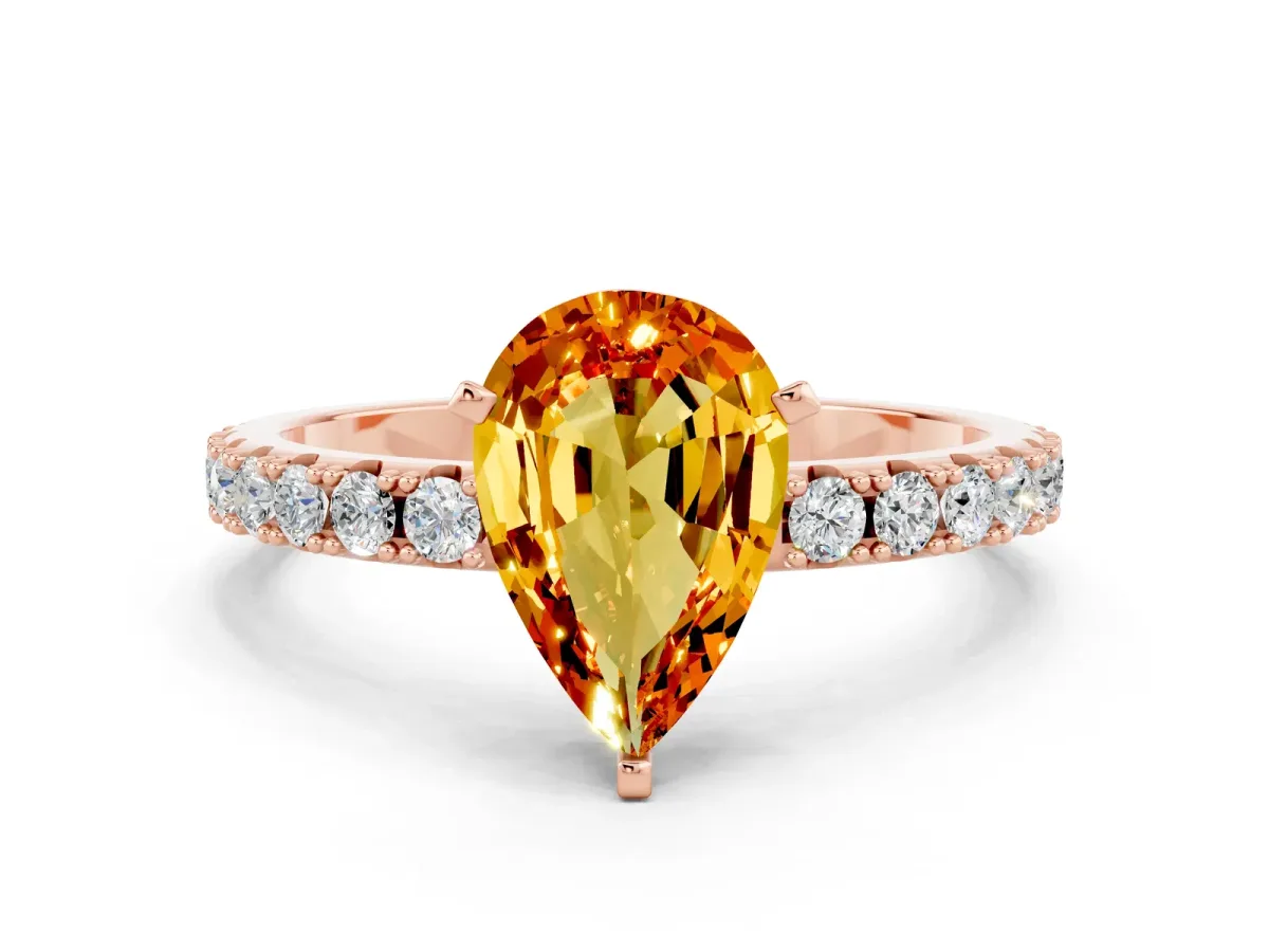 Pear Cut Citrine Solitaire Pavé Band with Four-Prong Setting Rose gold