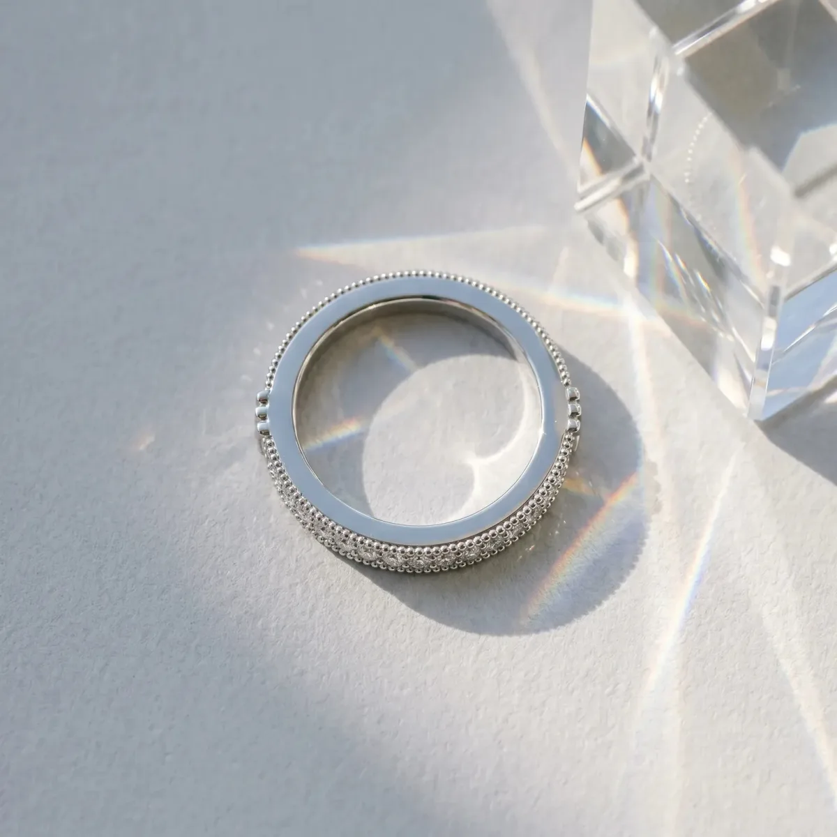 Round Cut Diamond Pavé Set Milgrain Edge Eternity Band Silver