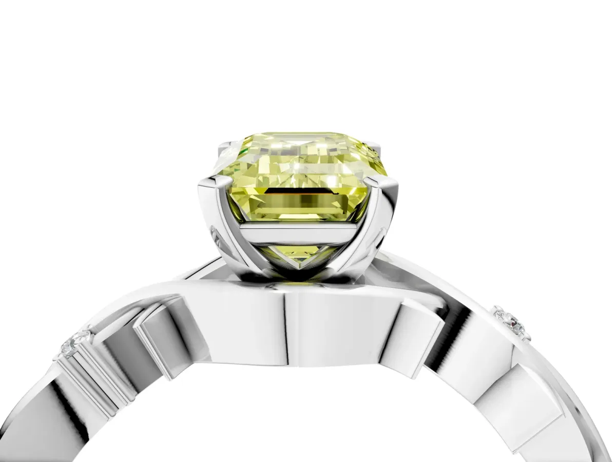 Fancy Yellow Emerald Cut Diamond Solitaire Ring with Twisted Band and Prong Setting White gold