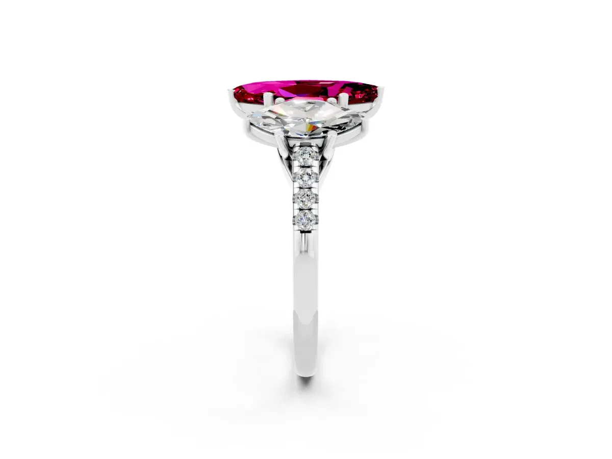 Three-Stone Marquise Cut Garnet Ring with Round Pavé Band and Prong Setting Silver