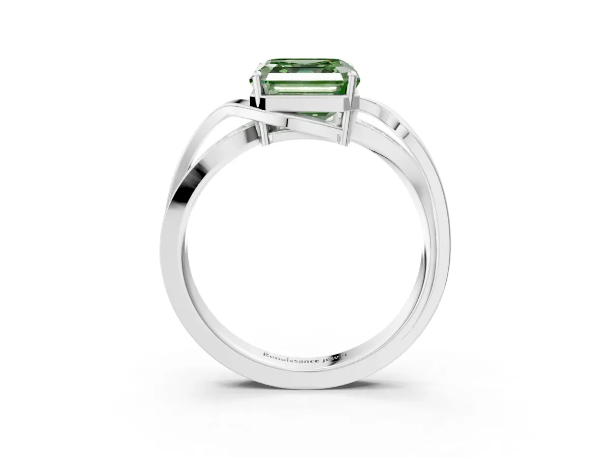Fancy Green Asscher Cut Solitaire Twisted Band with Prong Setting Platinum