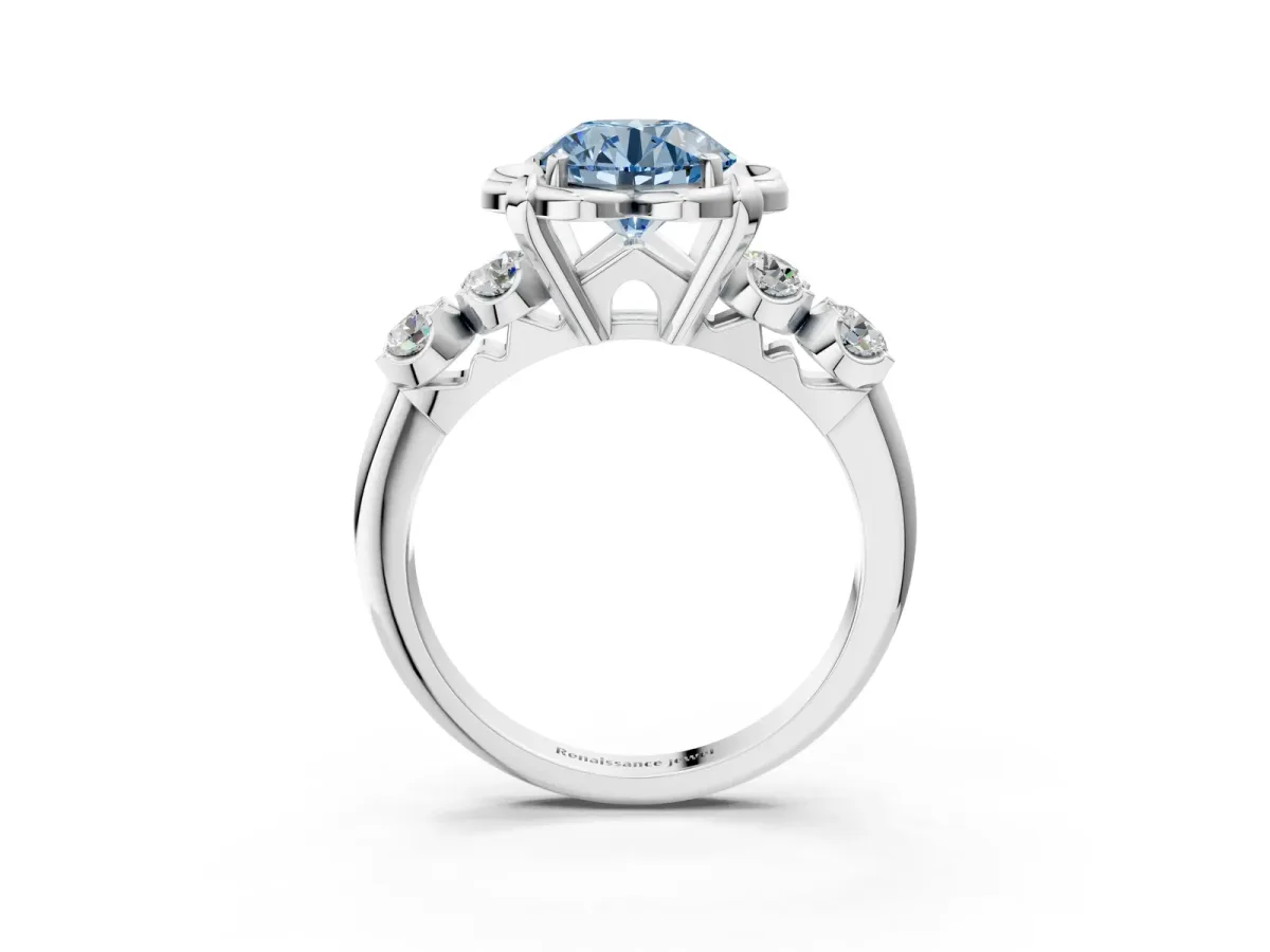 Fancy Blue Round Cut Cut Diamond Floral Halo Engagement Ring with Shared Prong Setting Silver