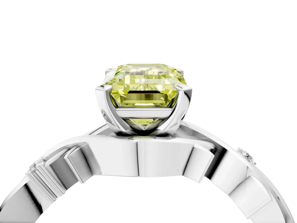 Fancy Yellow Emerald Cut Diamond Solitaire Ring with Twisted Band and Prong Setting White gold