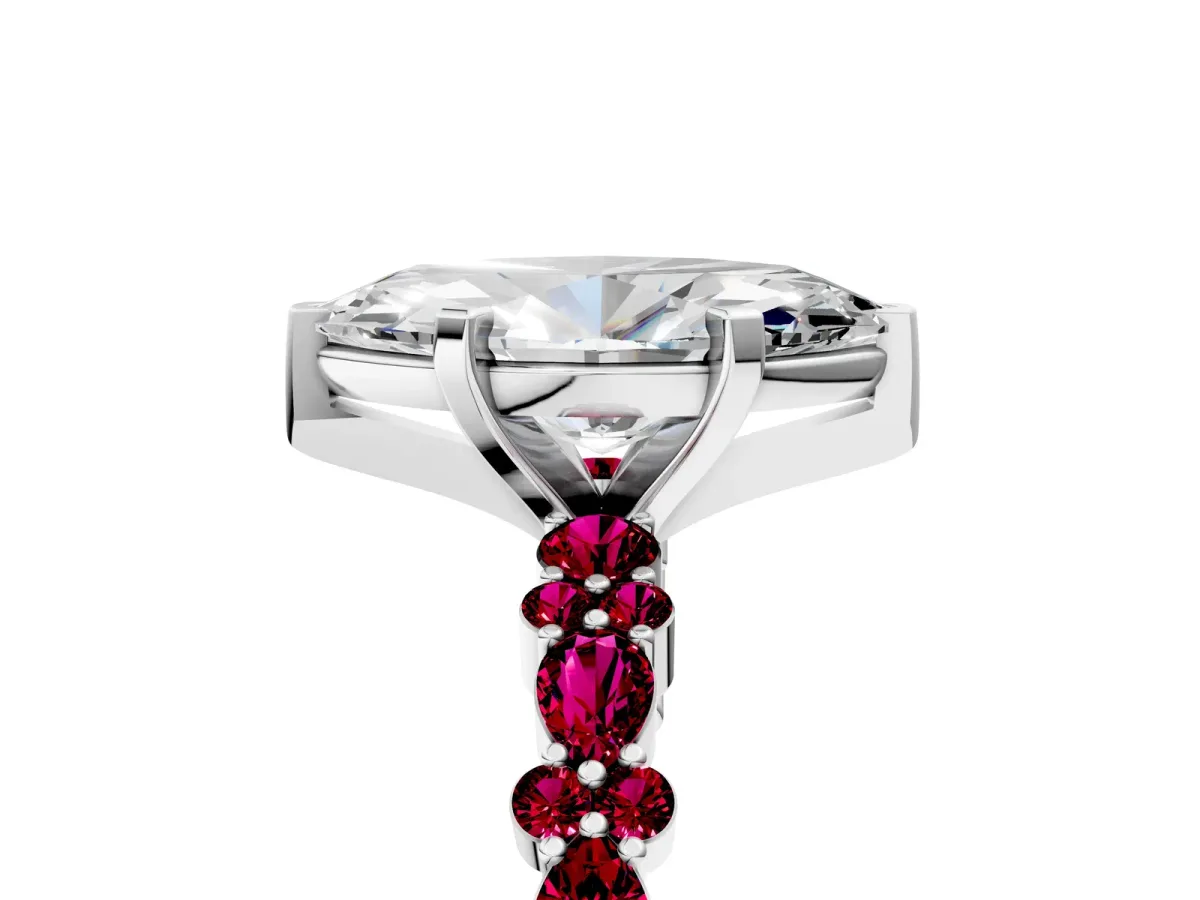 Marquise Cut Diamond Side Stone Solitaire Ring with Round Garnet and Four-Prong Setting Platinum