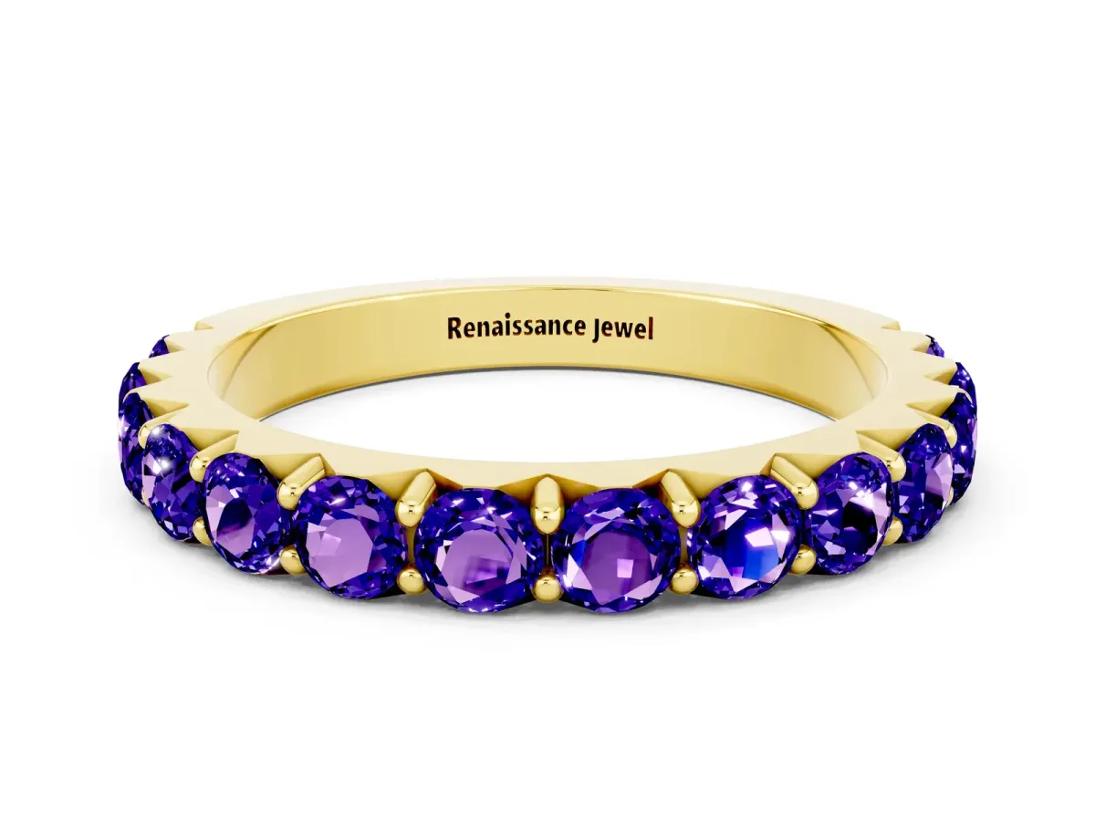 Round Tanzanite Half Eternity Band with Classic Prong Setting Yellow gold