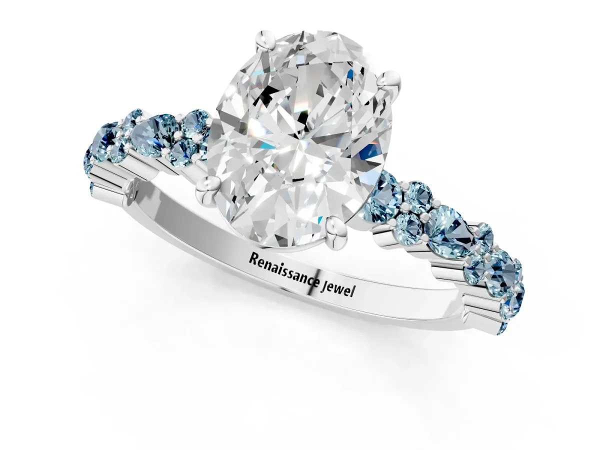 Oval Cut Diamond Side Stone Solitaire Ring with Round Aquamarine and Four-Prong Setting Silver