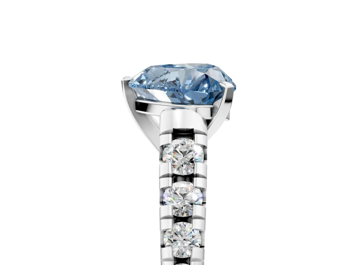 Fancy Blue Heart Cut Diamond Cathedral Solitaire Ring with Round Pavé Band Silver