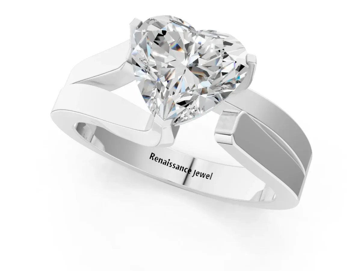 Modern Tension Set Heart Cut Diamond Solitaire Wide Band Ring Silver