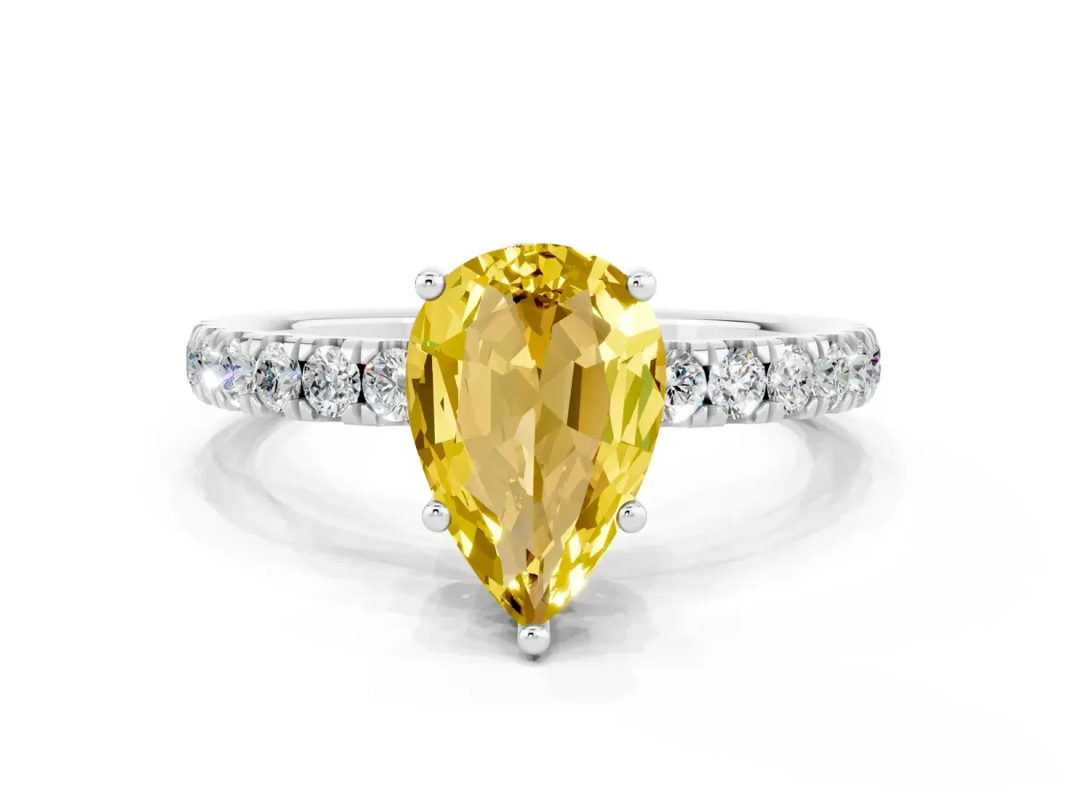 Pear Cut Yellow Sapphire Pave Band Solitaire Ring with Round and Prong Setting Silver