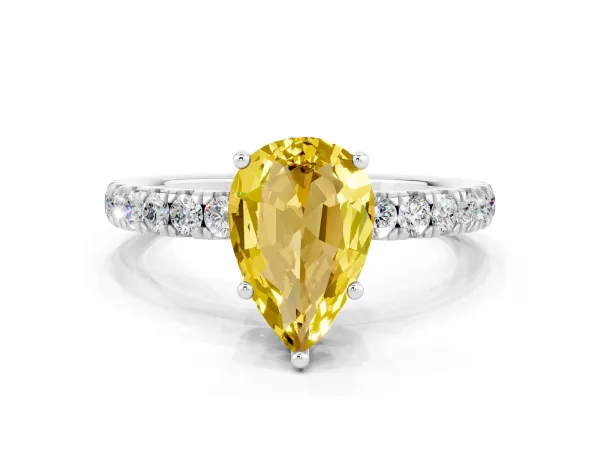 Pear Cut Yellow Sapphire Pave Band Solitaire Ring with Round and Prong Setting White gold
