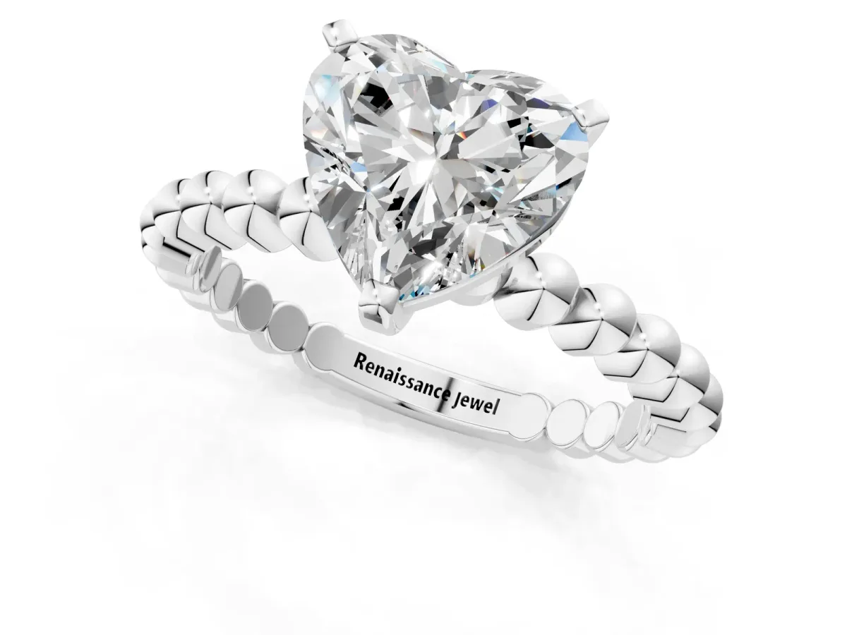 Heart Cut Diamond Solitaire Ring with Beaded Band and Prong Setting White gold