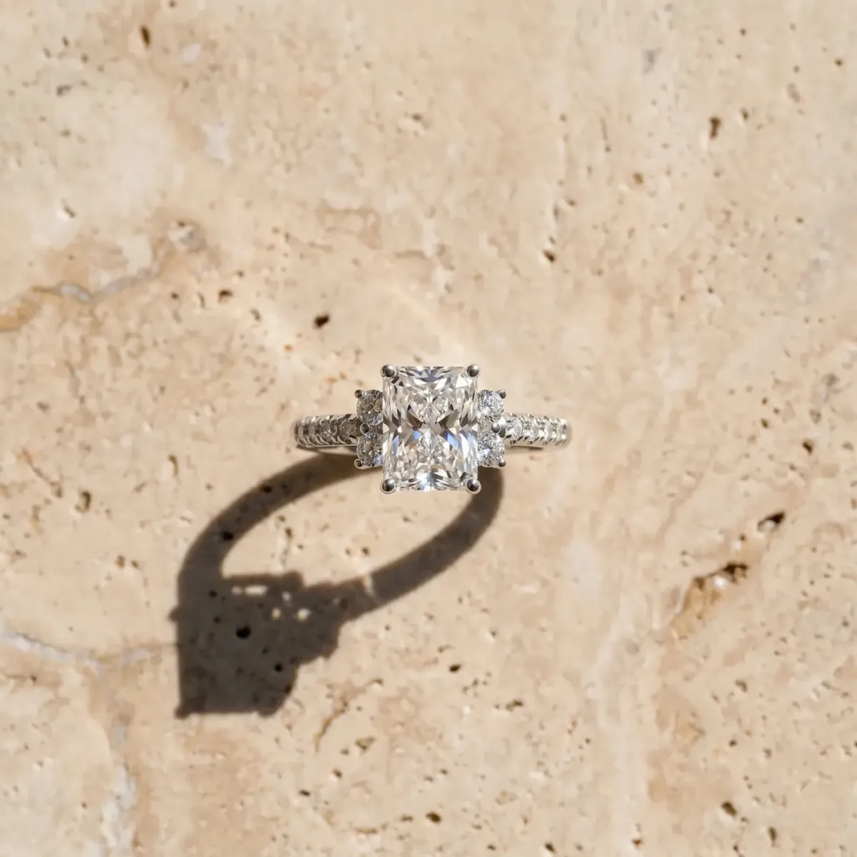 Radiant Cut Diamond Three-Stone Pave Band with Four-Prong Setting Platinum