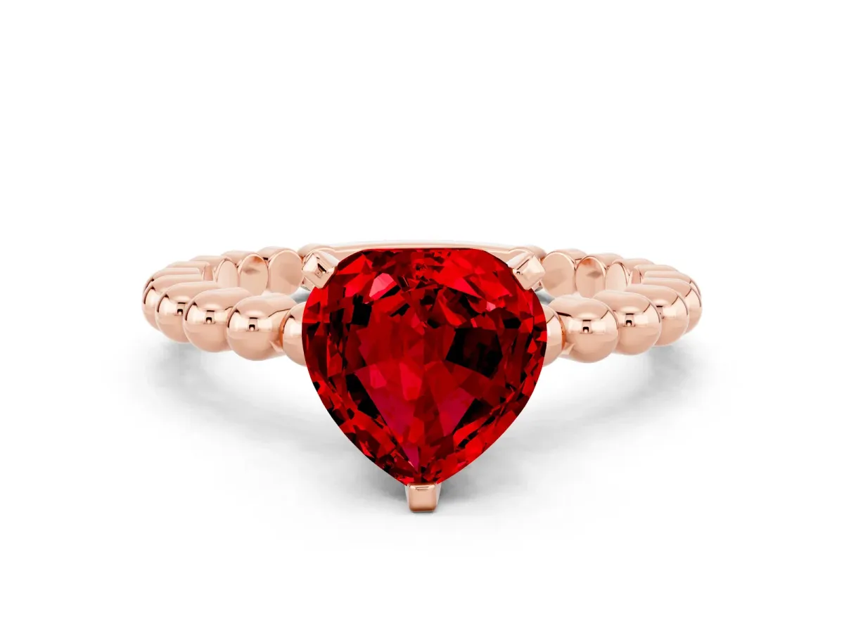 Heart Cut Ruby Solitaire Ring with Beaded Band and Prong Setting Rose gold