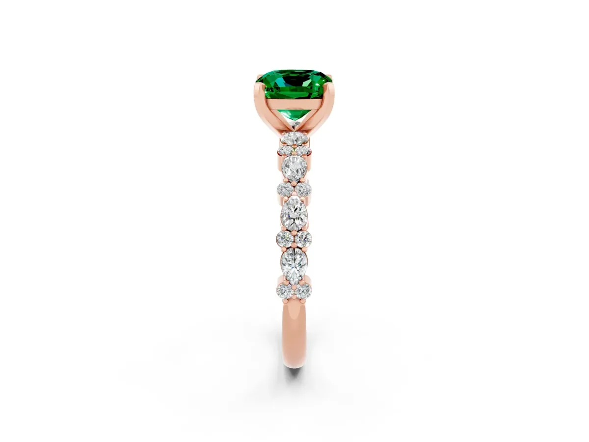 Cushion Cut Emerald Side Stone Solitaire Ring with Round and Four-Prong Setting Rose gold