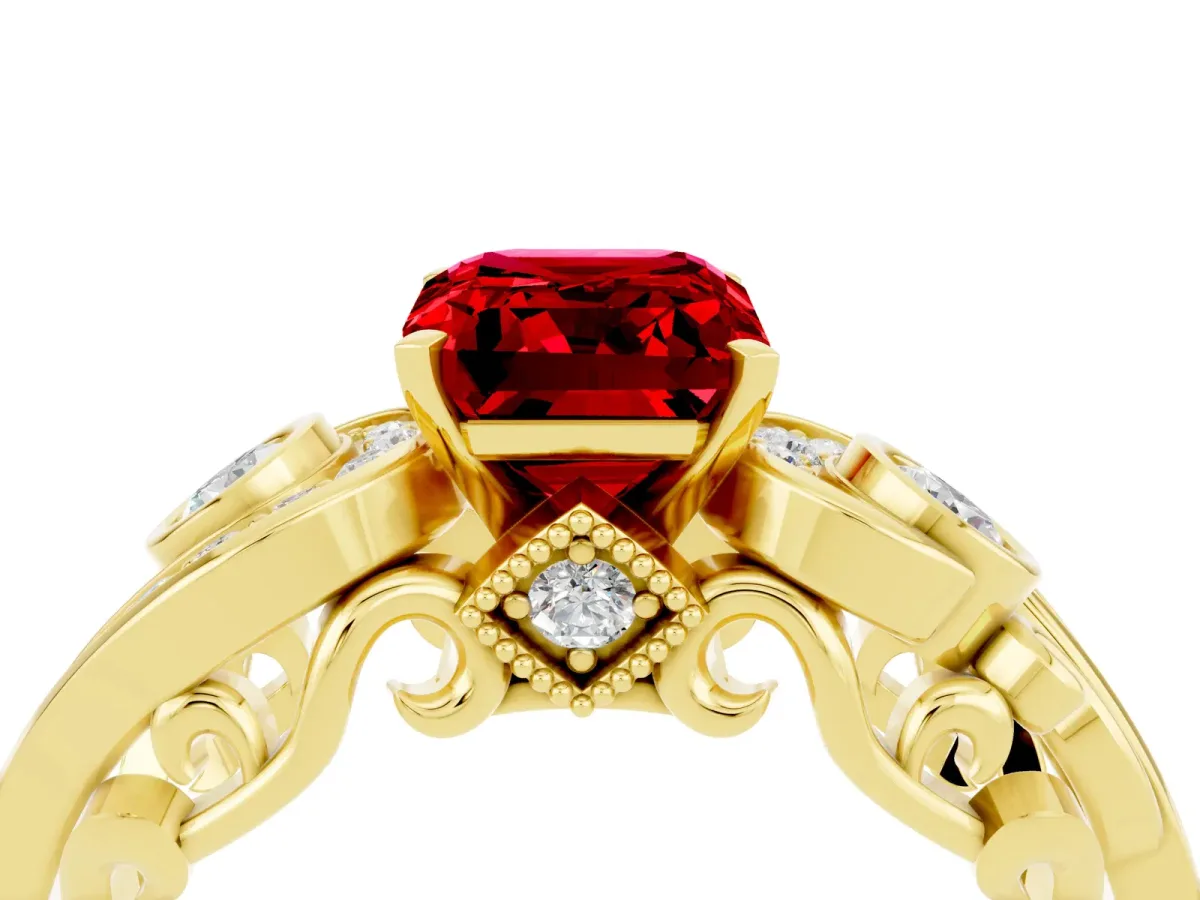 Emerald Cut Ruby Solitaire Ring with Milgrain Pavé Band and Four-Prong Setting Yellow gold