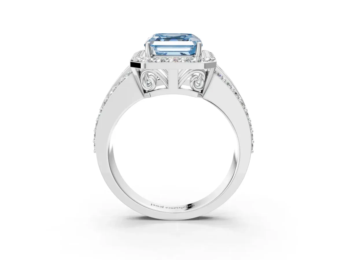 Fancy Blue Asscher Cut Halo Diamond Ring with Round Split Shank and Prong Setting Platinum