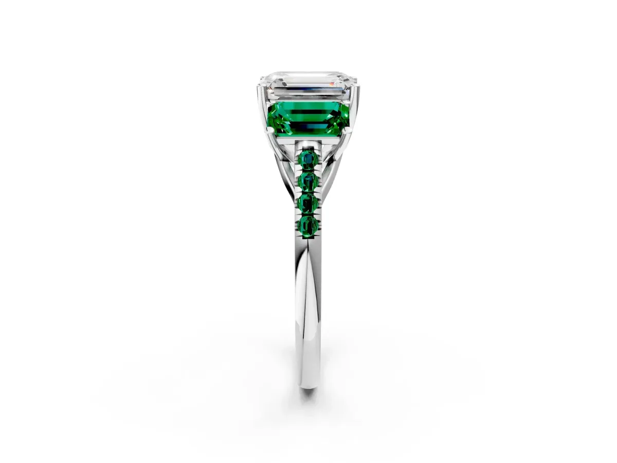 Three-Stone Emerald Cut Diamond Ring with Round Emerald Pavé Band and Prong Setting Silver
