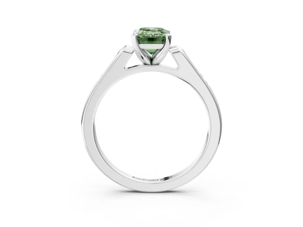 Fancy Green Emerald Cut Diamond Solitaire Ring with Channel Set Round Band and Prong Setting Silver