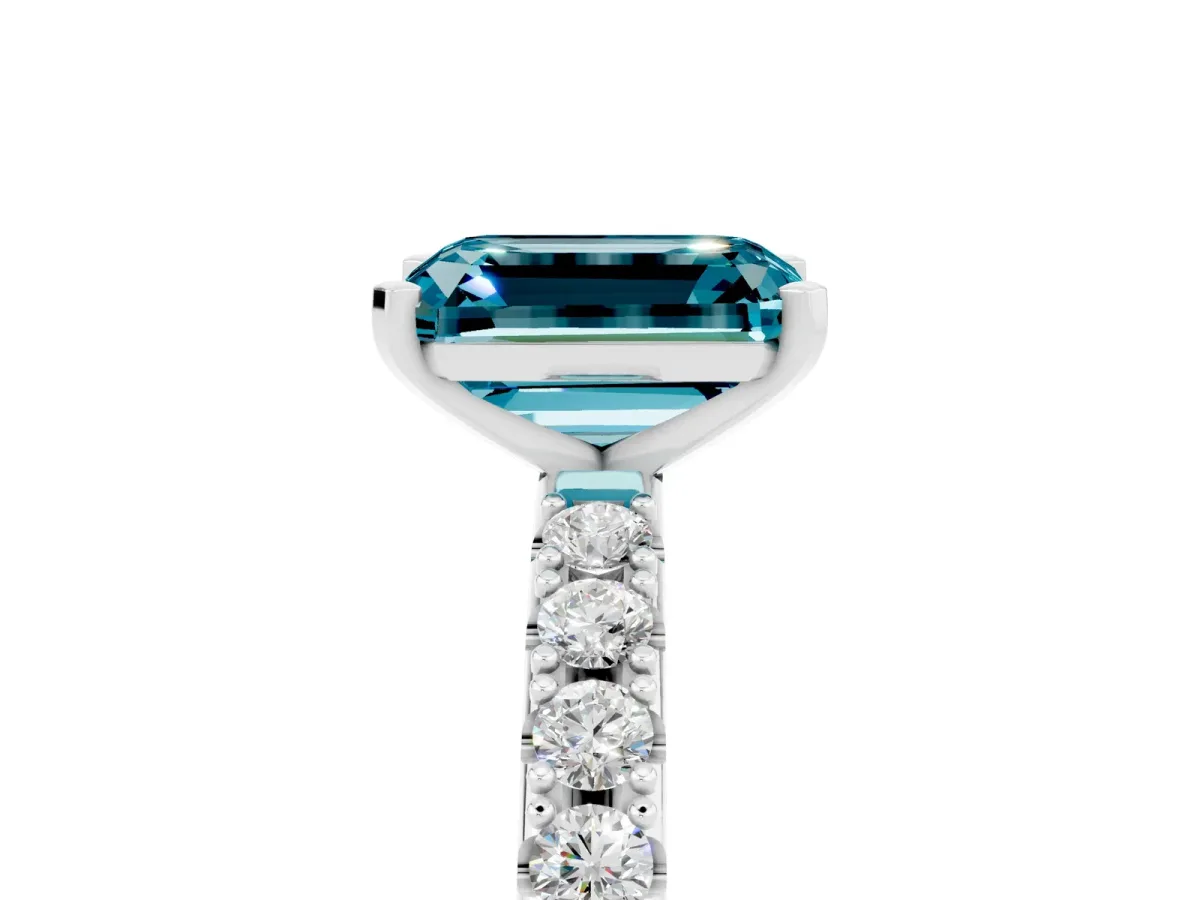 Emerald Cut Blue Topaz Solitaire Pavé Band with Four-Prong Setting Platinum