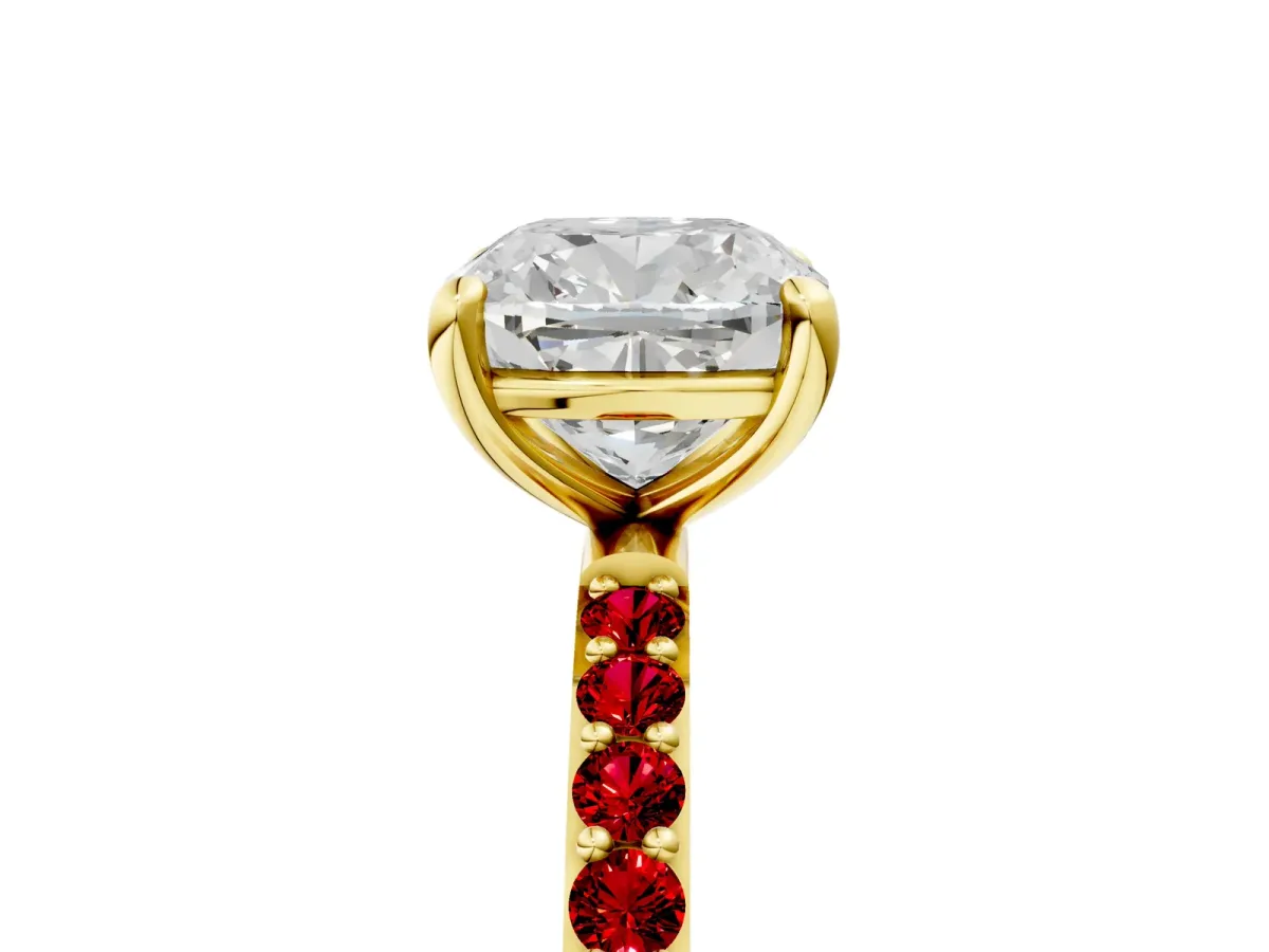 Cushion Cut Diamond Solitaire Ring with Round Ruby Pavé Band and Prong Setting Yellow gold