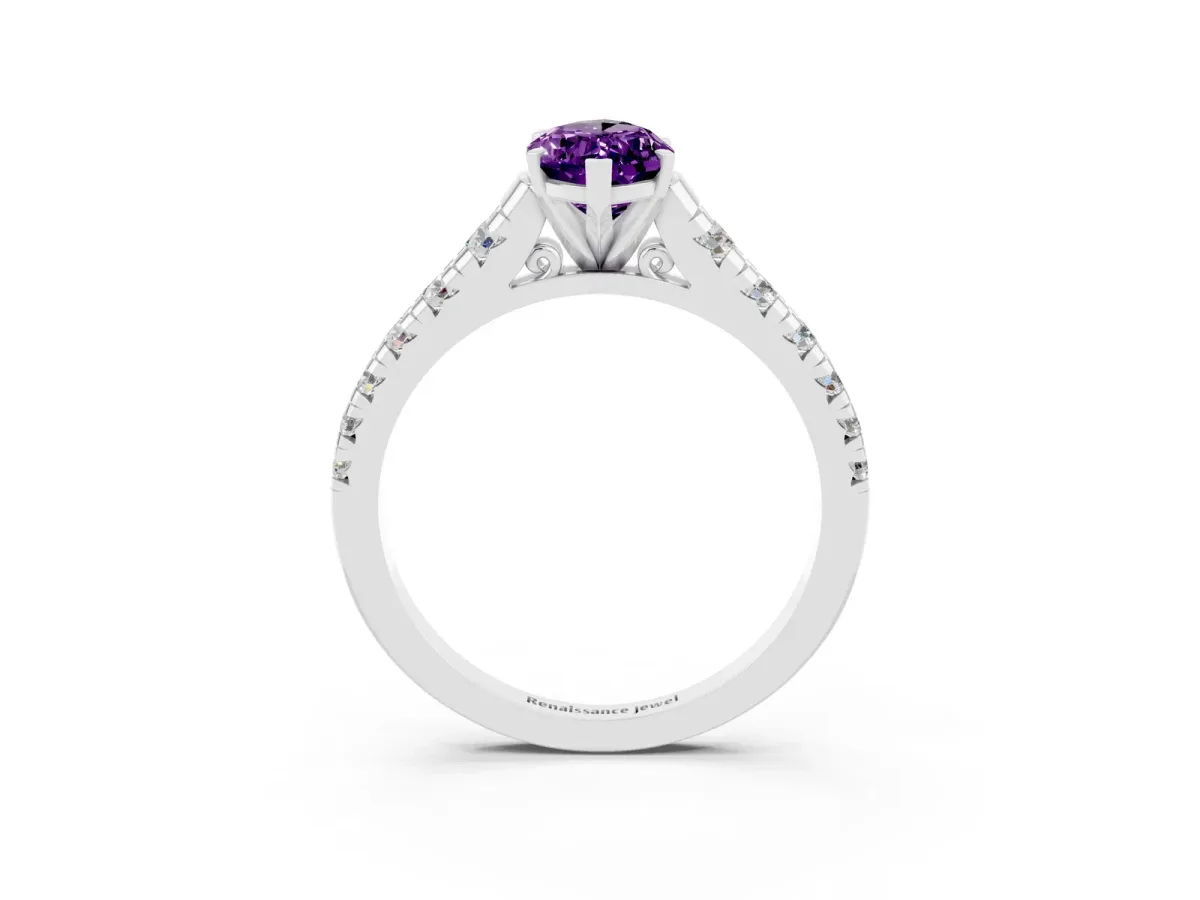 Marquise Cut Amethyst Cathedral Solitaire Ring with Round Pavé Band Platinum