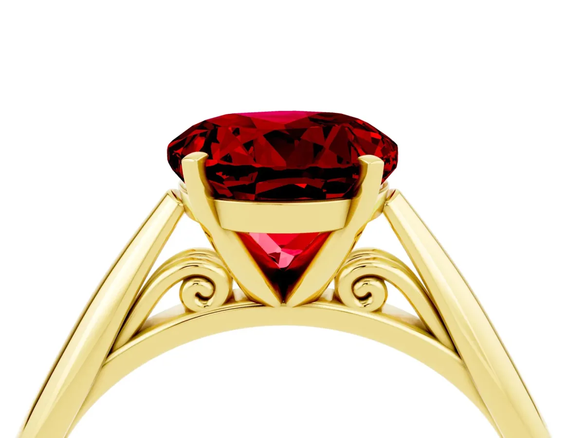 Round Cut Ruby Solitaire Engagement Ring with Cathedral Setting and Four-Prong Mount Yellow gold