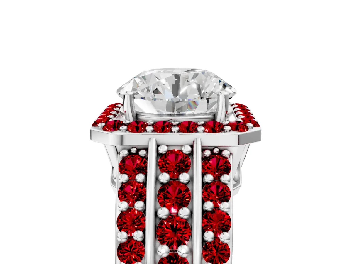 Round Cut Halo Diamond Ring with Round Ruby Split Shank and Prong Setting Silver
