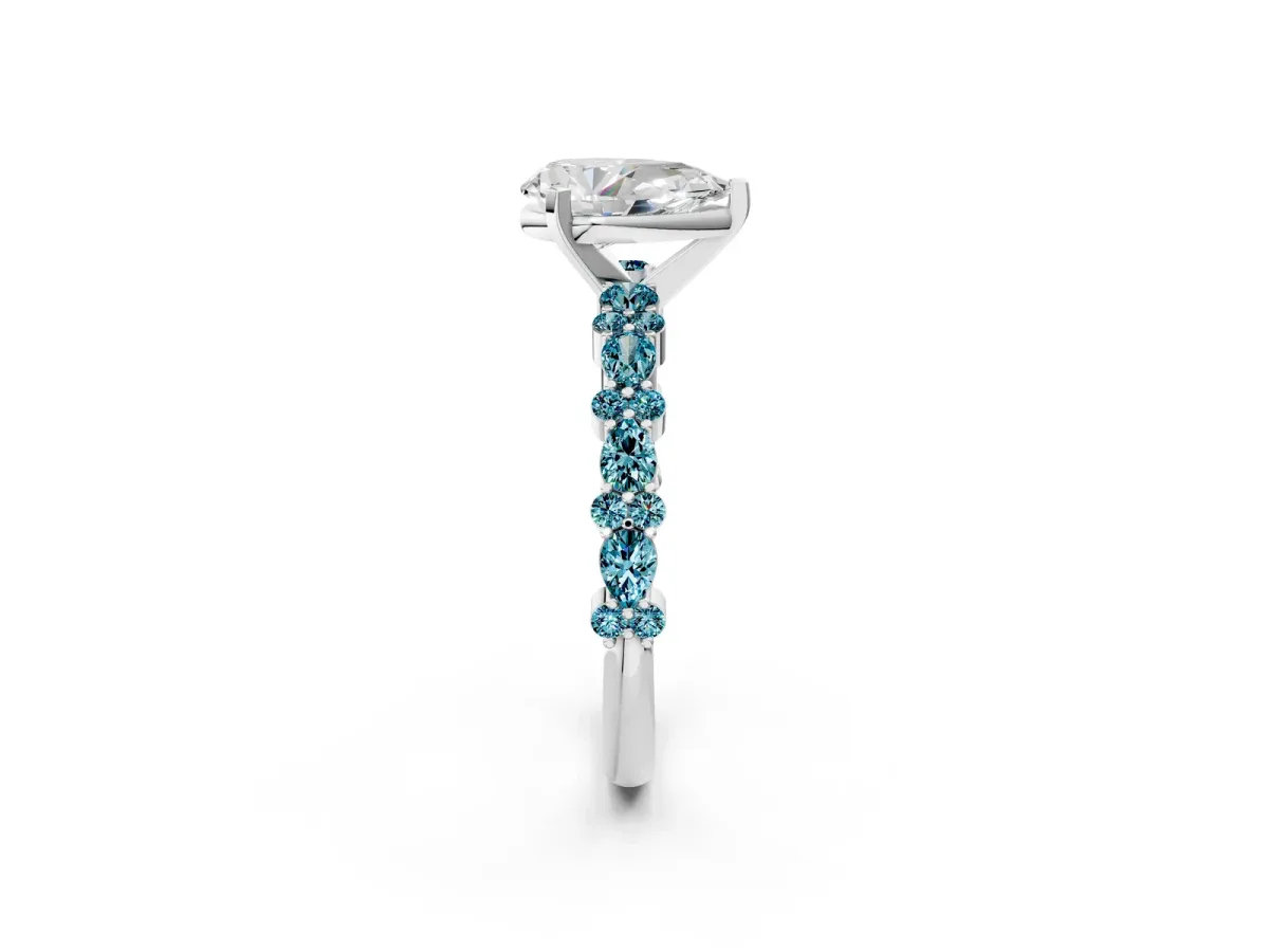 Pear Cut Diamond Side Stone Solitaire Ring with Round Blue Topaz and Four-Prong Setting Platinum