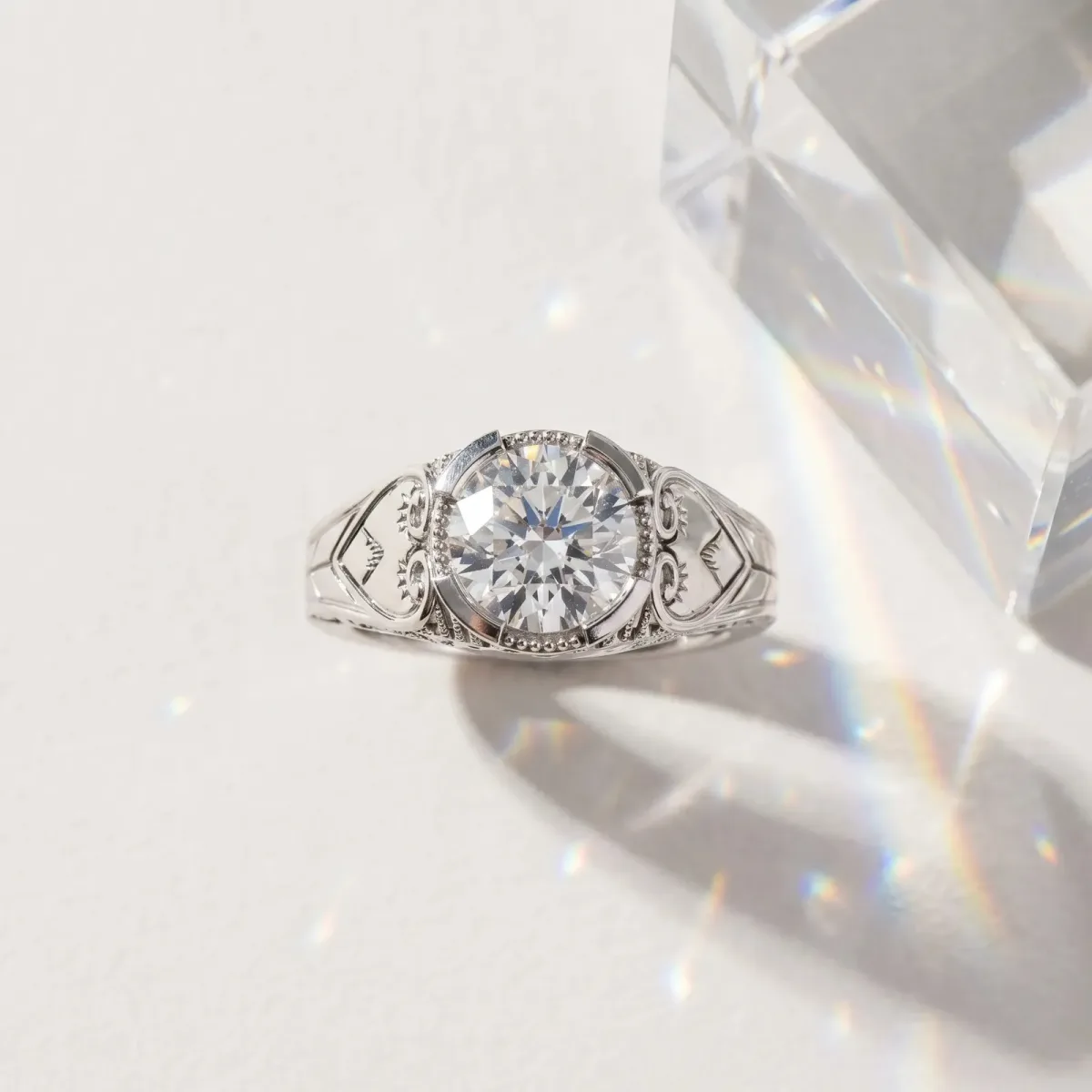 Round Cut Brilliant Solitaire Milgrain Bezel Engagement Ring Silver