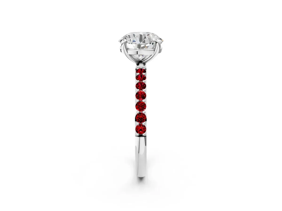 Round Cut Diamond Solitaire Ring with Round Ruby Pavé Band and Prong Setting Silver