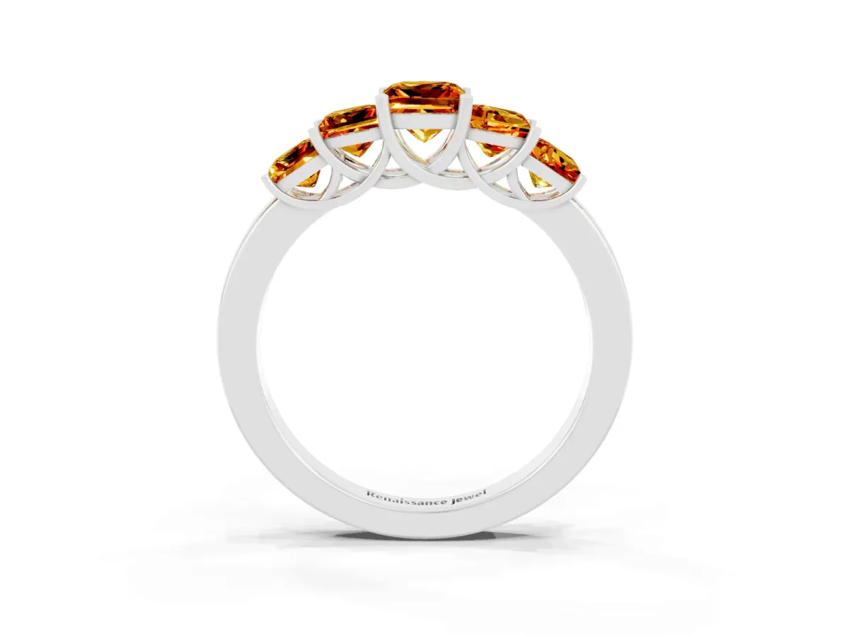 Princess Cut Five-Stone Citrine Ring with Classic Prong Setting Silver