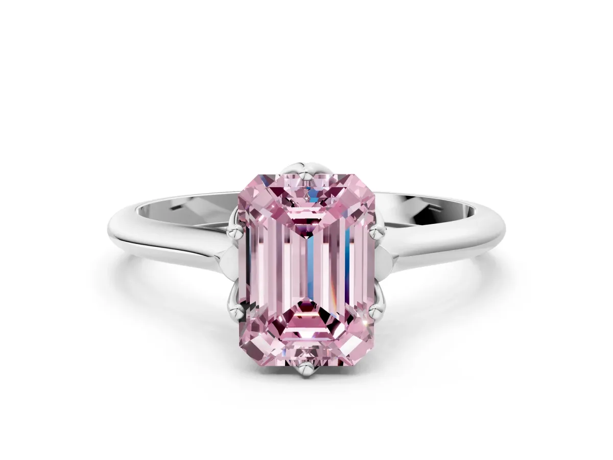 Fancy Pink Emerald Cut Solitaire Cathedral Diamond Ring with Six-Prong Setting Silver