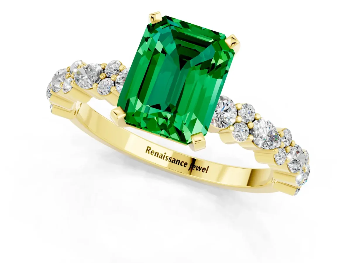 Emerald Cut Emerald Side Stone Solitaire Ring with Round and Four-Prong Setting Yellow gold