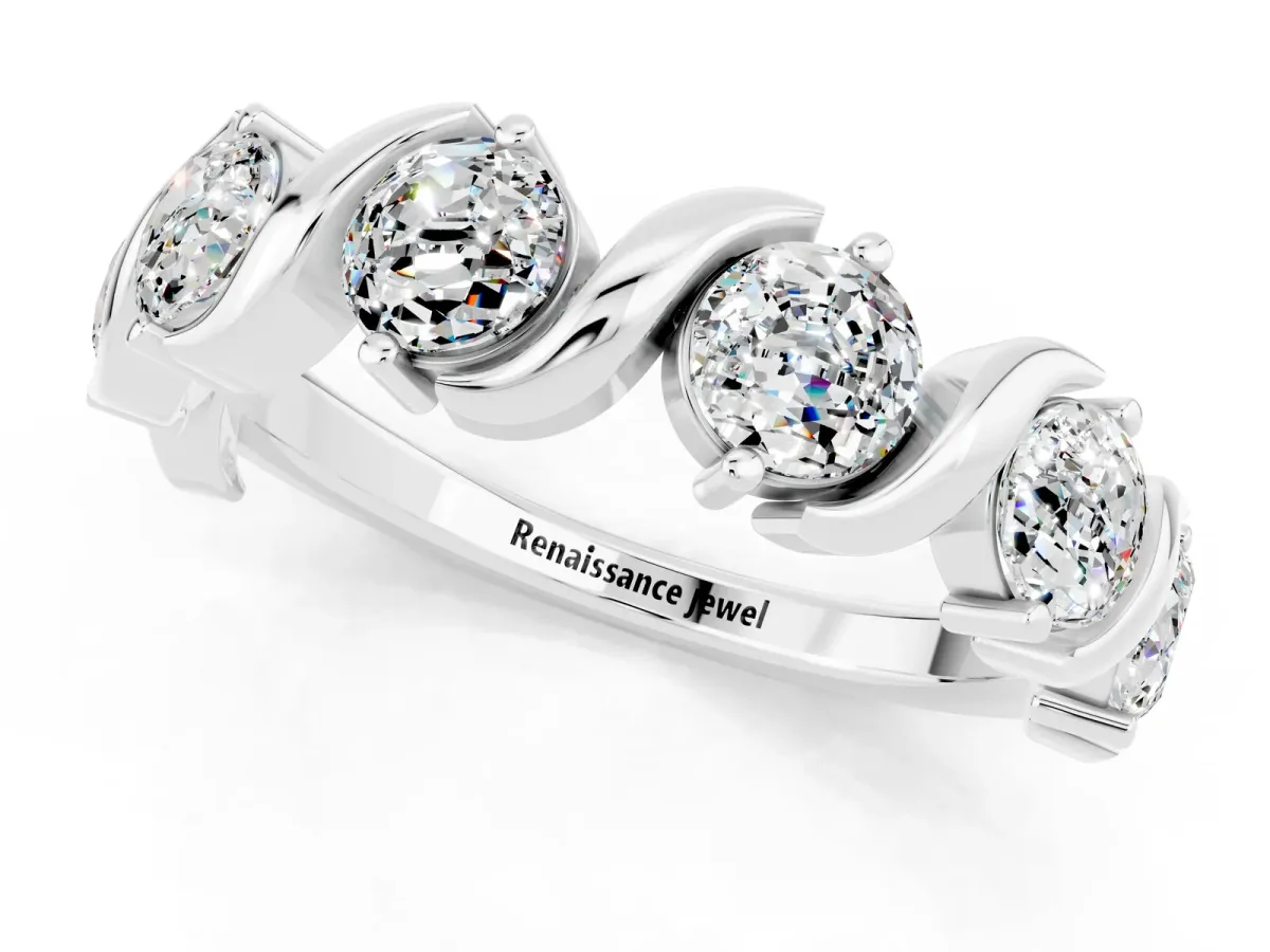 Six-Stone Round Moissanite Wave Band with Shared Prong Setting White gold