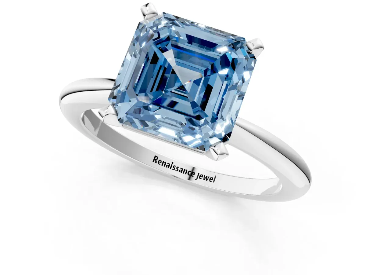 Fancy Blue Asscher Cut Diamond Solitaire Ring with Six-Prong Setting and Classic Band Silver