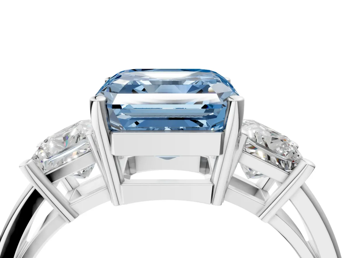Fancy Blue Three-Stone Asscher Cut Cut Solitaire Ring with Prong Setting Platinum